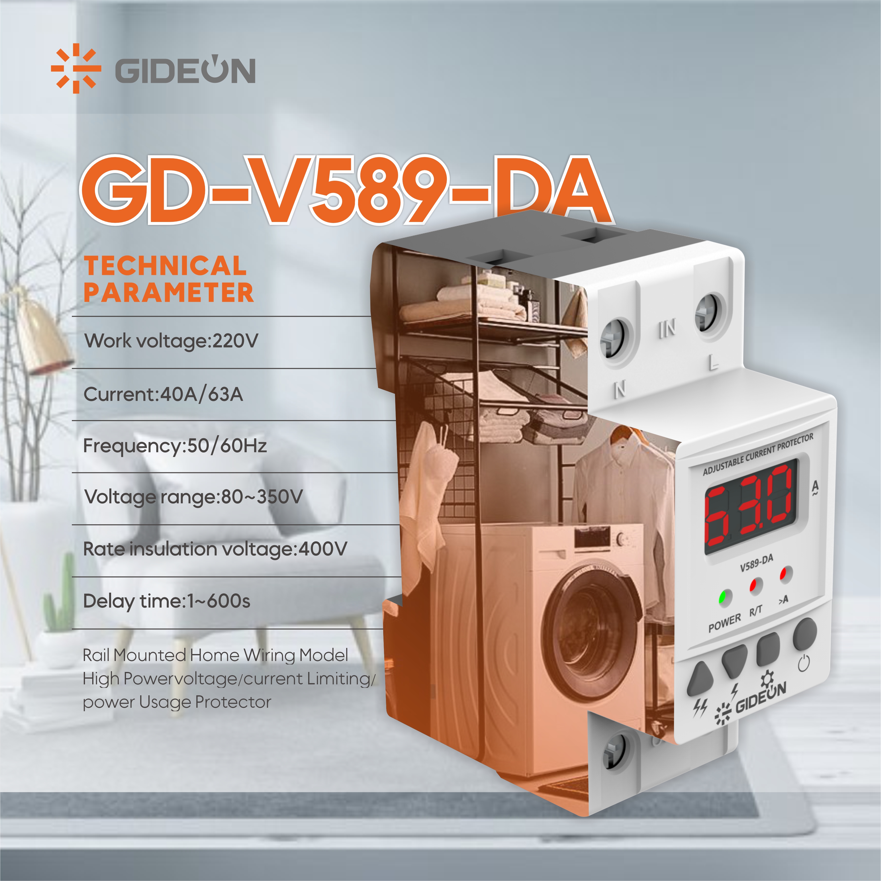 Protector de corriente de tipo Rail GD-V589-DA DIN-Protección inteligente de la seguridad eléctrica
